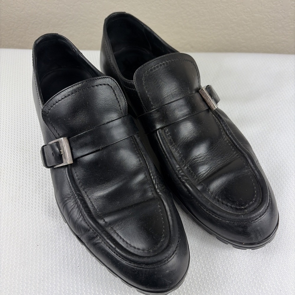 GUCCI Men's Black Leather Buckle Loafers With Rubber Lug Soles, Size 10.5